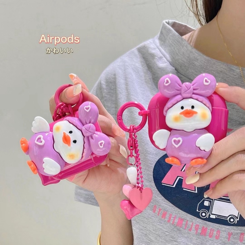 Vỏ Bảo Vệ Hộp Sạc Tai Nghe Bluetooth airpods 1 2 3 pro Bằng tpu Mềm Gắn Móc Khóa Hình Chú Vịt Màu Tím 3DIY Dễ Thương Mới