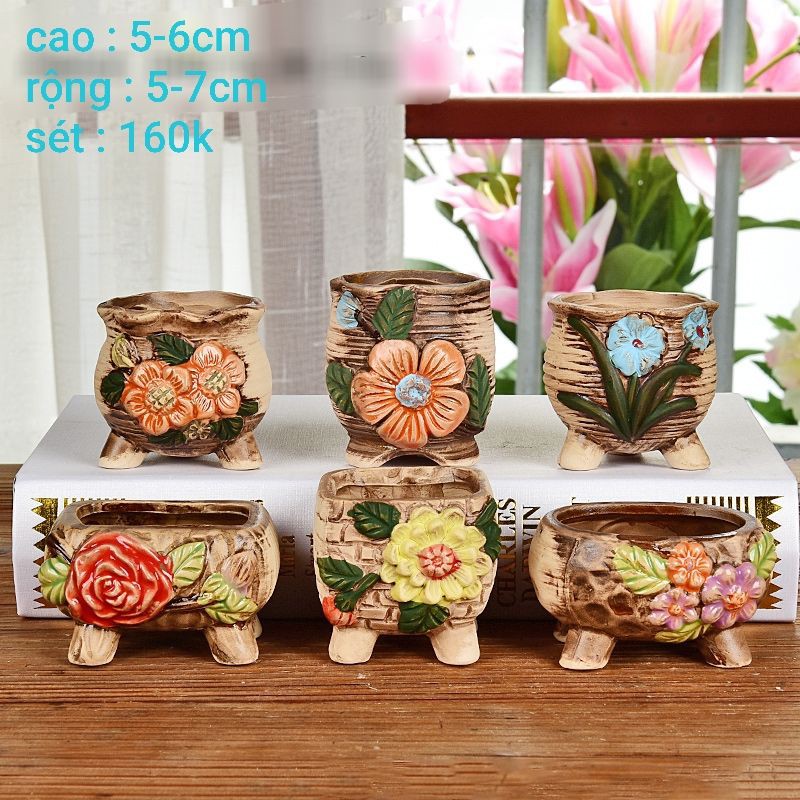 Chậu Gốm Trồng Cây MiNi 6c hoa đậm