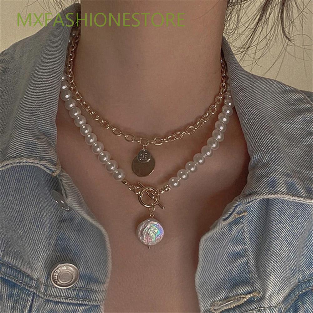 Set 2 Vòng Cổ Choker Hai Lớp Bằng Kim Loại Đính Hạt Ngọc Trai Thời Trang Phong Cách Punk