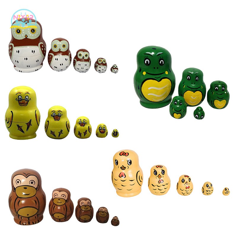 Búp Bê Nga Matryoshka 5 Lớp Bằng Gỗ Vẽ Tay Hình Động Vật Trang Trí Nhà Cửa