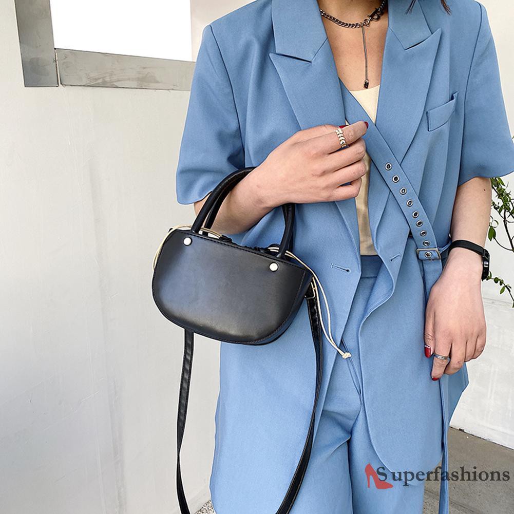 【Hot Sale】Fashion Women Drawstring Solid Color PU Shoulder Bag Top-handle Handbags