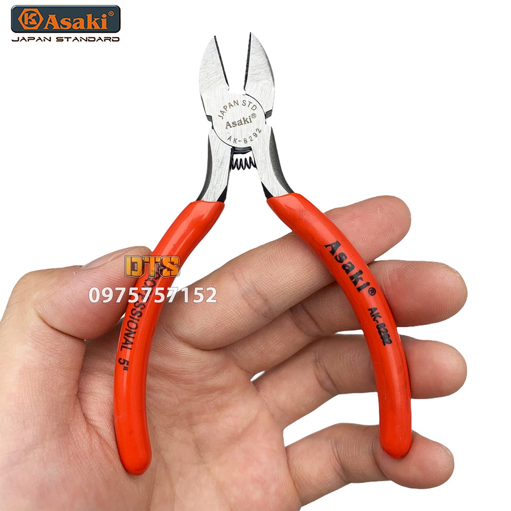 Kìm điện - kìm cắt - kìm nhọn, kìm mini 5 inch Asaki JAPAN STD, thép CR-V độ cứng cao, lò xo tích hợp tiết kiệm sức lực