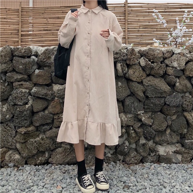 [ Sẵn ] Đầm ulzzang vải nhung cổ polo tay dài đuôi cá (có ảnh thật)