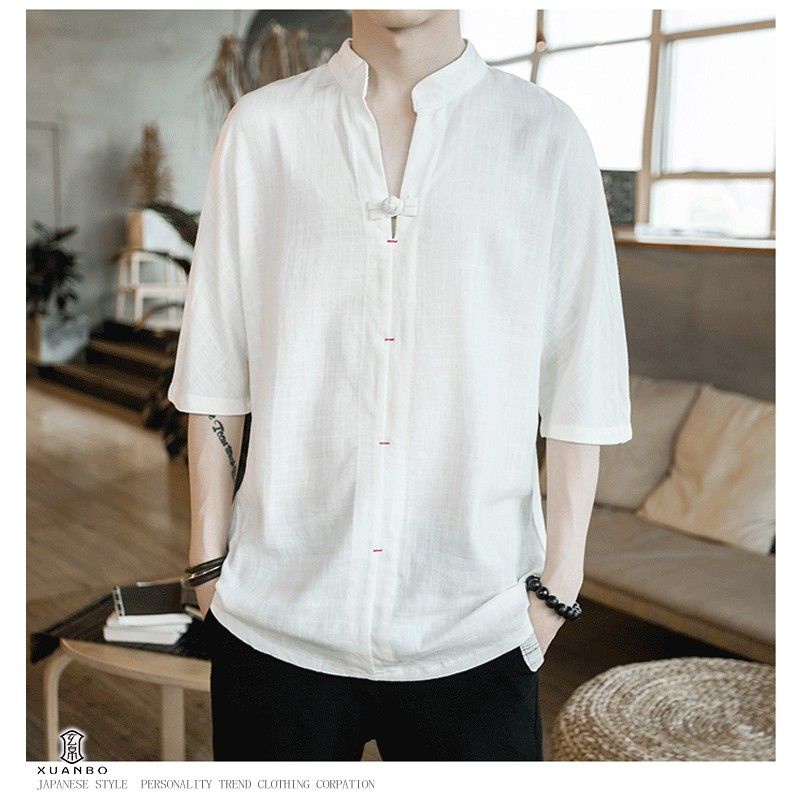 Áo nam Tay Ngắn Dáng Rộng Phong Cách Trung Hoa