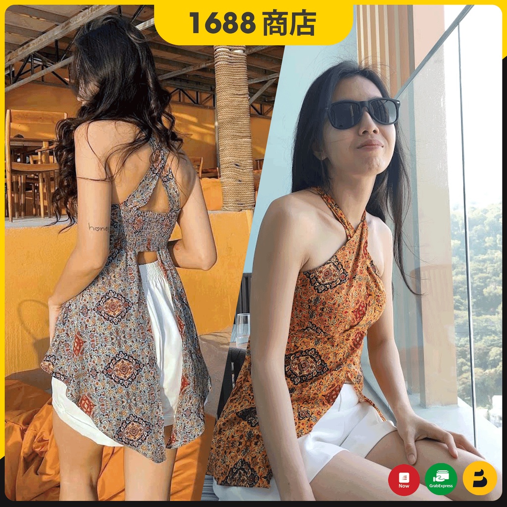 Siêu phẩm Áo thổ cẩm cổ yếm lệch tà đi biển xinh xĩu