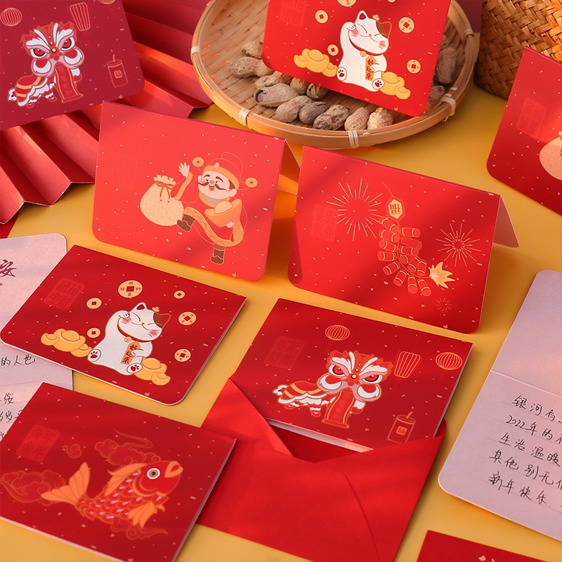 Set 6 thiệp chúc mừng năm mới màu đỏ phong cách retro đơn giản
