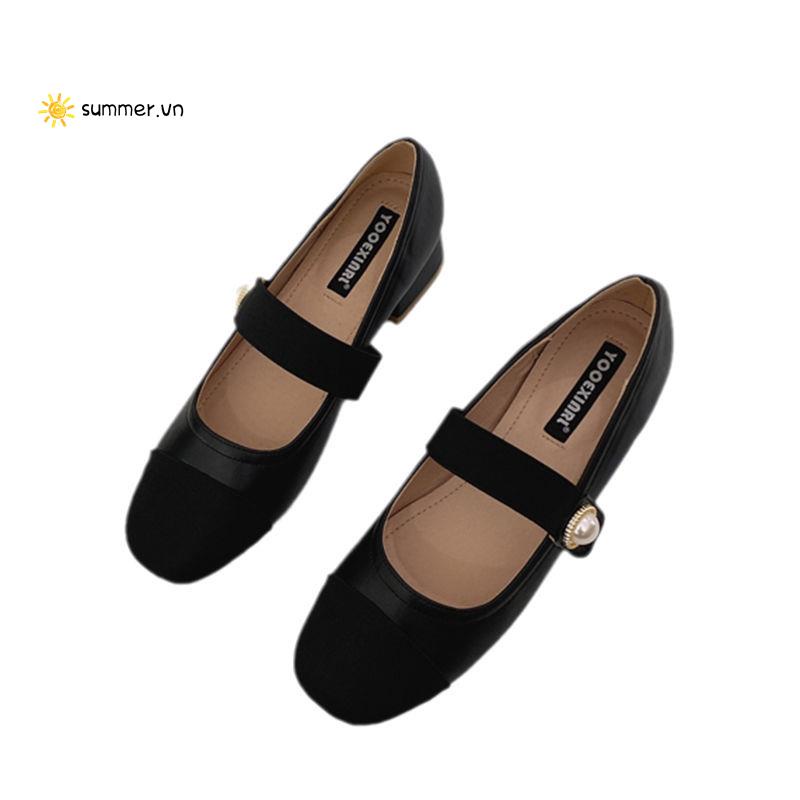 Giày Búp Bê Mũi Tròn Gót Dày Phối Dây Đính Ngọc Trai Thời Trang Pháp Màu Sắc Phù Hợp Cho Bạn Nữ