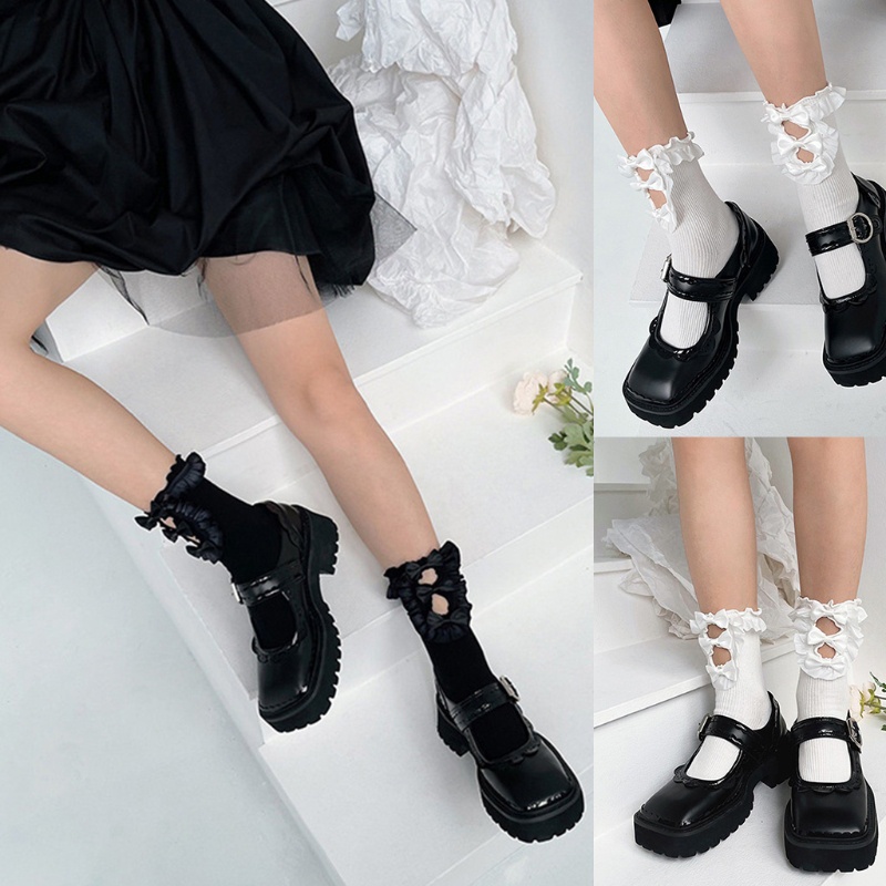 Vớ cotton phối bèo đính nơ phong cách lolita đáng yêu cho nữ