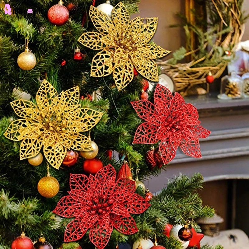 Set 5 hoa giả bằng lụa lấp lánh treo cây thông trang trí lễ giáng sinh