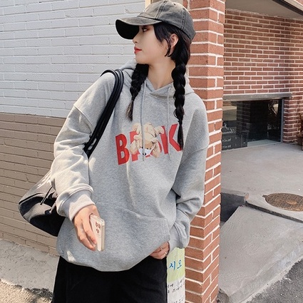 ZHELIHANGFEI Áo Hoodie Tay Dài Form Rộng Họa Tiết Gấu Theo Phong Cách Preppy Dễ Phối Đồ