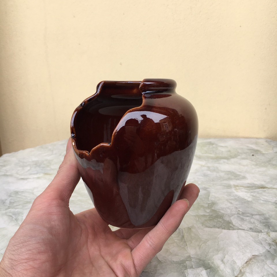 Chậu bonsai Chum khoét nâu cánh gián gốm Bát tràng 1 size BM-164