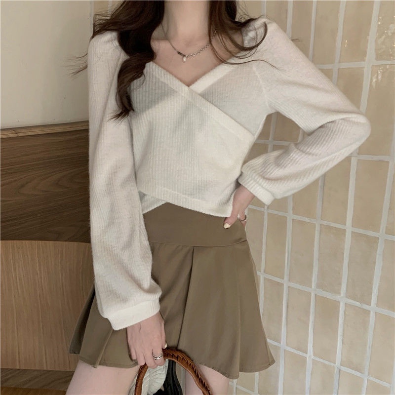 Áo thun tay phồng dài cổ chữ V màu trơn thời trang thu đông cho nữ