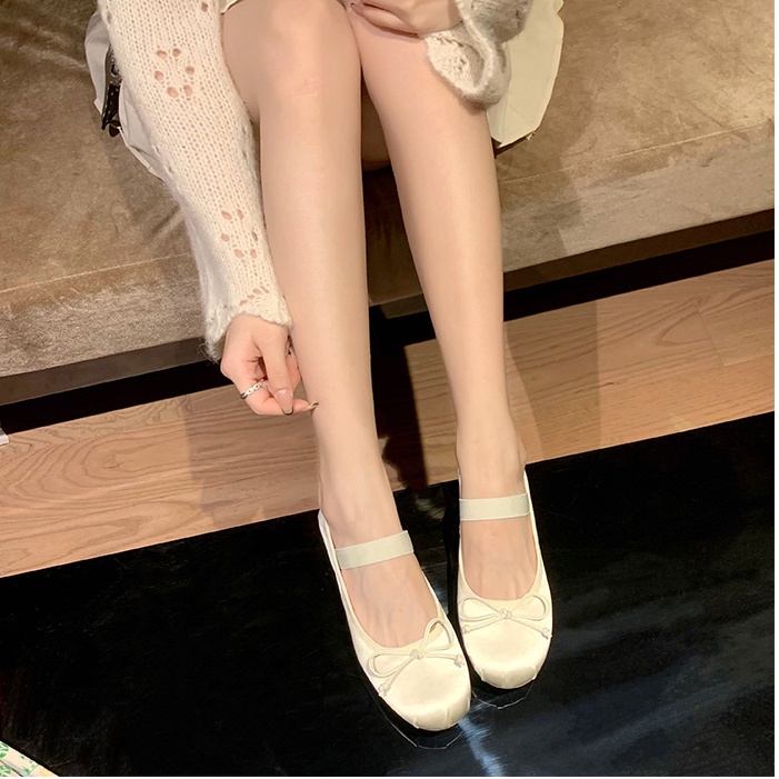 Giày Múa Ba Lê Đế Bằng Miệng Nông Đính Nơ Kiểu Retro Pháp Dễ Thương