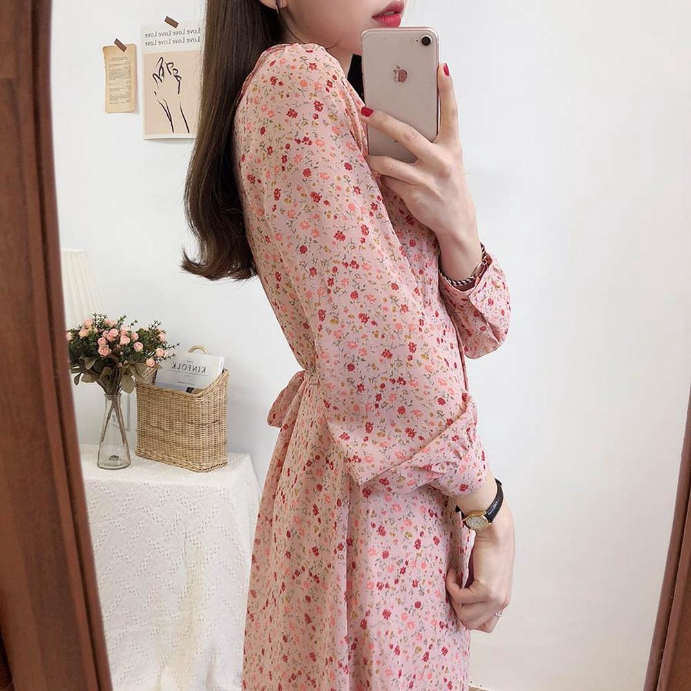 Đầm Chiffon Tay Dài Chiết Eo In Hoa 29890 Thời Trang Cho Nữ