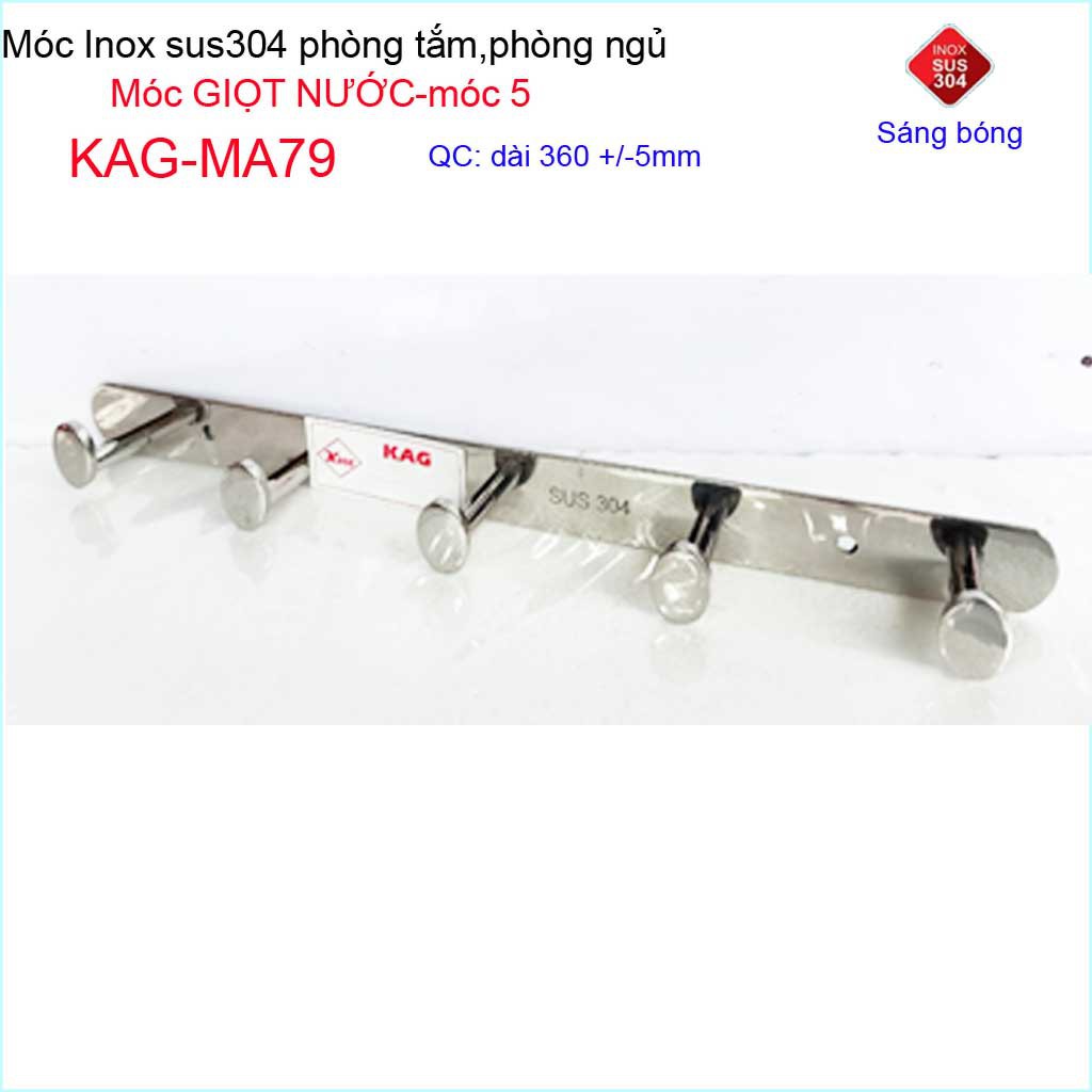 Móc giọt nước treo quần áo inox 304 cao cấp dày, móc Kace 5 móc treo đồ nhà tắm KAG-MA79