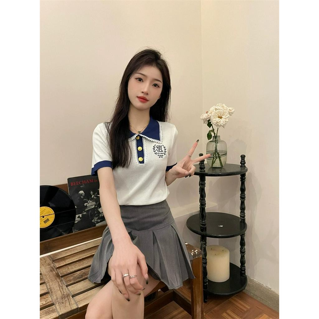 ZHELIHANGFEI Áo polo Dệt Kim Tay Ngắn Thêu Họa Tiết Phong Cách Pháp Thời Trang Cho Nữ