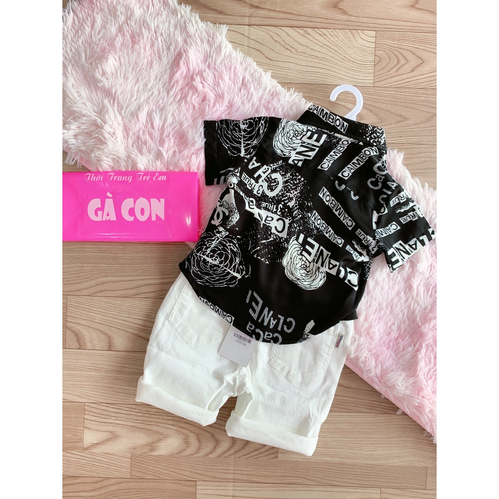 Áo sơ mi bé trai hoạ tiết thương hiệu Chanel cực chất vải lụa mềm mát size bé 10-40kg