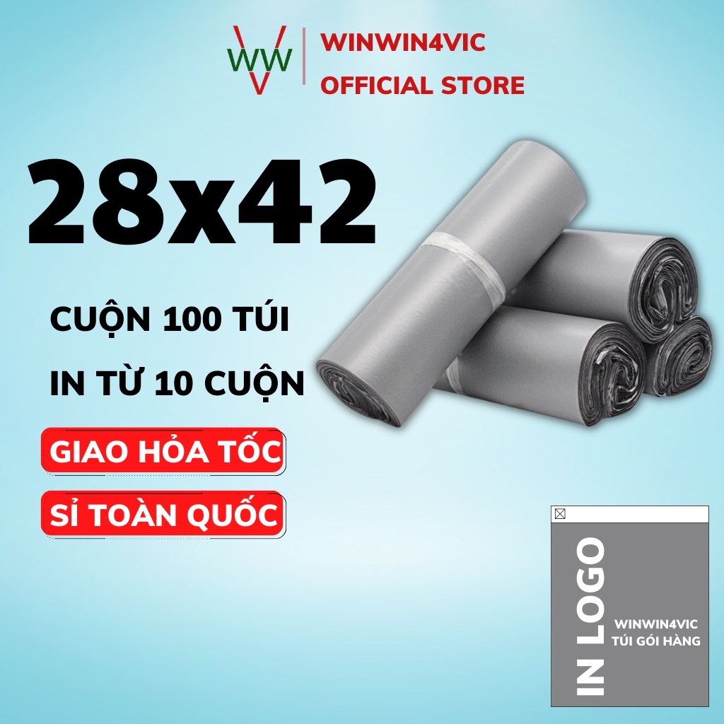 Túi Đóng Hàng Niêm Phong Cao Cấp size 28x42 Màu Xám Bạc WINWIN4VIC Gói Hàng Niêm Phong Tiện Lợi Combo 100 Túi 1 Cuộn