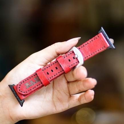 Dây apple watch da bò đỏ đô handmade bền chắc cực đẹp RAM Leather Classic 1982 - tặng khóa chốt và adapter