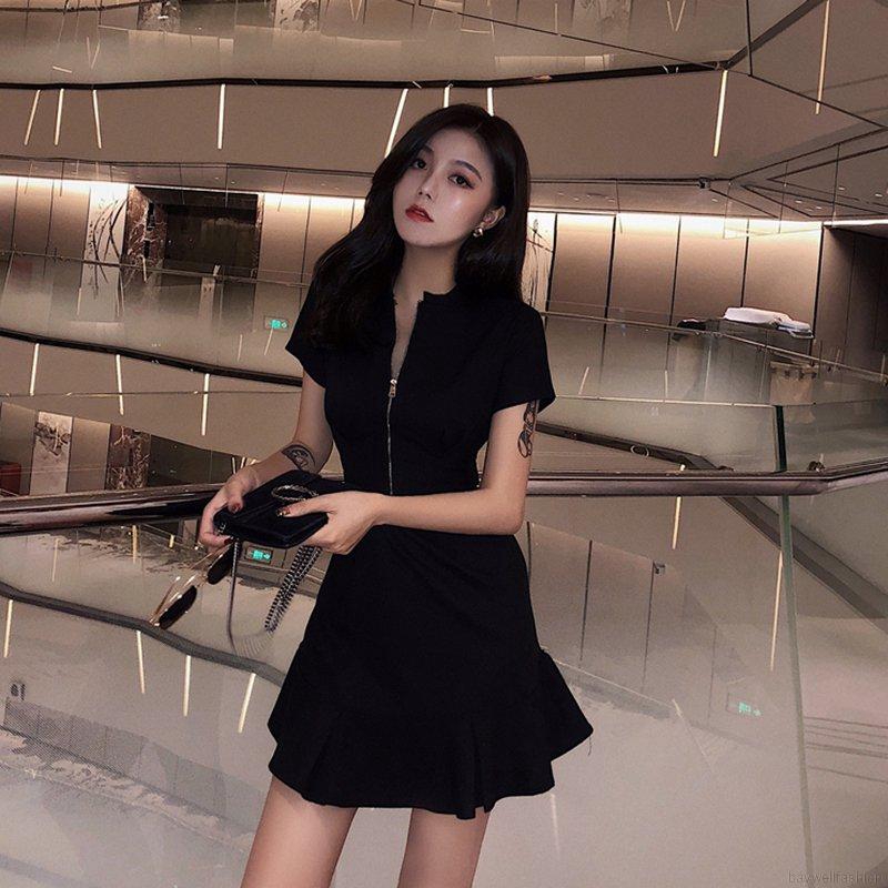 Đầm Tay Loe Phối Khoá Kéo Thiết Kế Màu Trơn Thanh Lịch