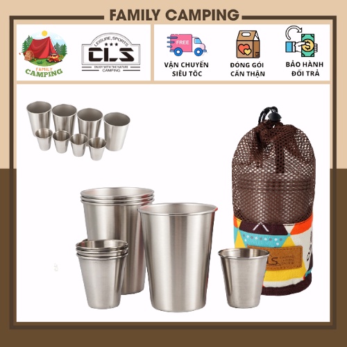 Bộ 8 cốc inox xếp gọn có túi đựng dùng đi cắm trại, dã ngoại, trong nhà, ngoài trời, văn phòng chính hãng CLS