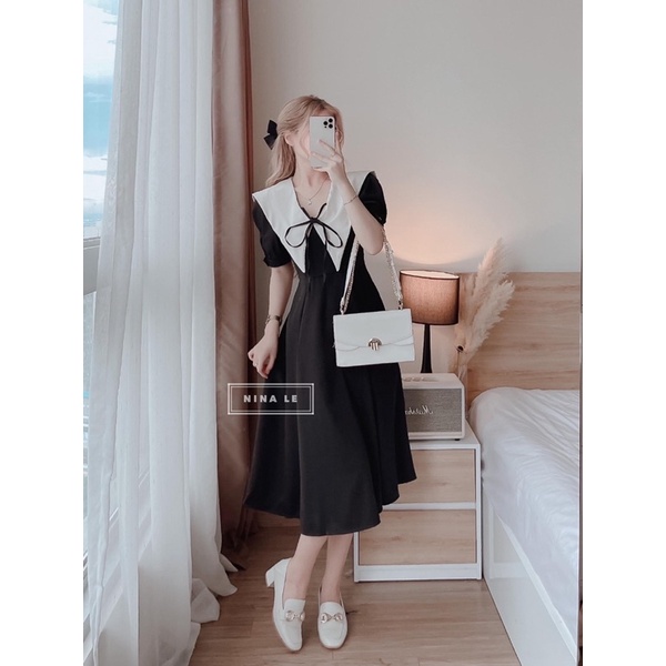 Váy Thô Cổ Trắng Thắt Nơ 3 Màu Siêu Xinh Có Ảnh Thật