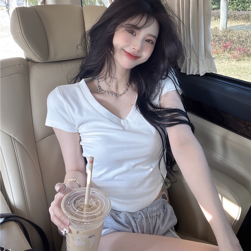 COZOK Áo Thun Tay Ngắn Cổ Chữ v Màu Trắng Thời Trang Cho Nữ