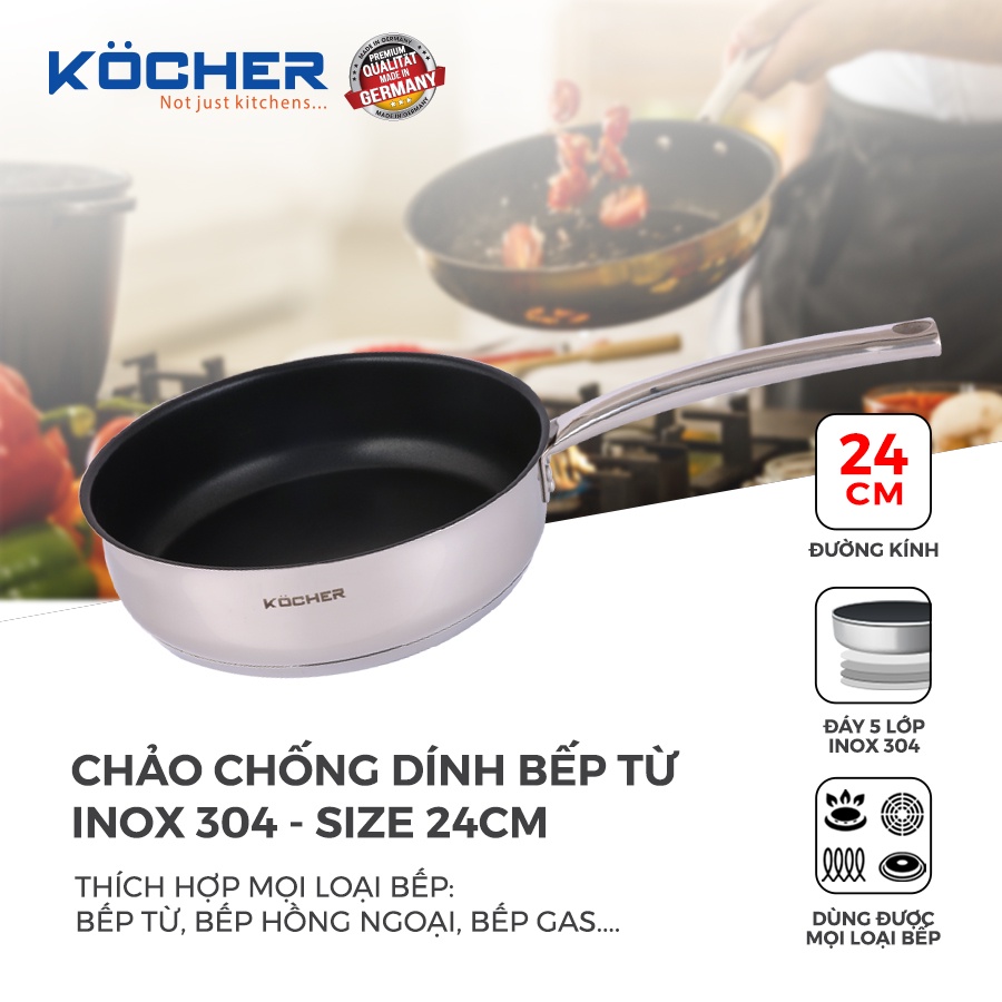 Chảo chống dính bếp từ inox 304 5 lớp đáy KOCHER Size 24cm dùng cho mọi loại bếp