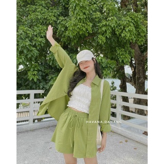 Set sơ mi túi ngực kèm quần sooc xanh bơ hot trend, freesize dưới 65kg, có quà tặng kèm