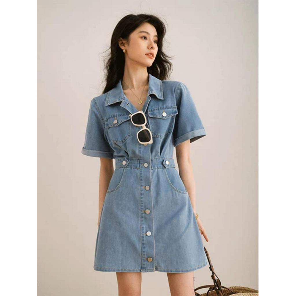 Váy jean nũ cổ đức dáng xòe chữ A phối cạp eo chất bò dày dặn, Jum đầm trơn ngắn tay ôm body phong cách ulzzang hàn quốc