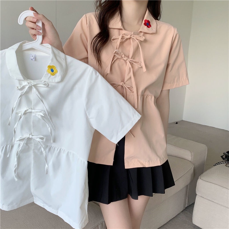 Áo Sơ Mi Cổ Búp Bê Tay Ngắn Thắt Dây Thời Trang Mùa Hè Mới Cho Nữ