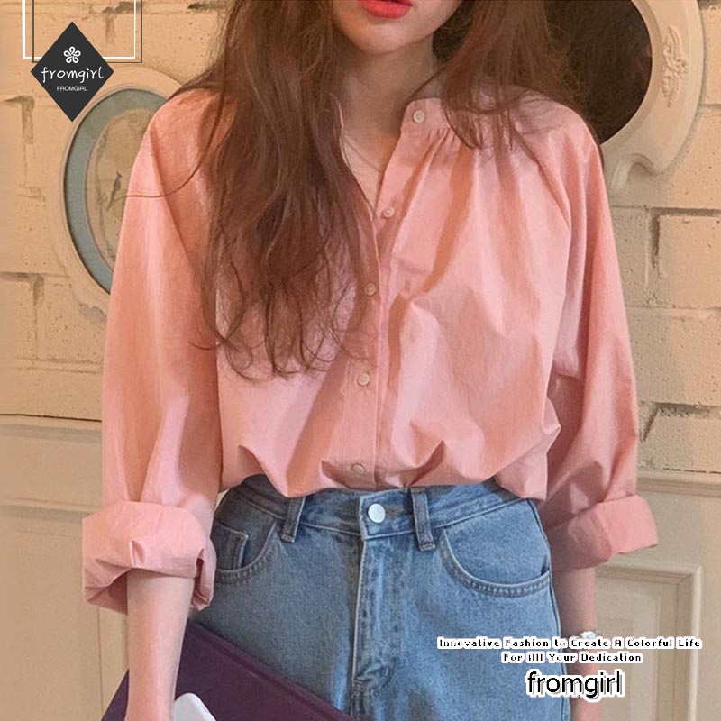 Áo sơ mi dài tay cổ tròn màu hồng xinh xắn sành điệu