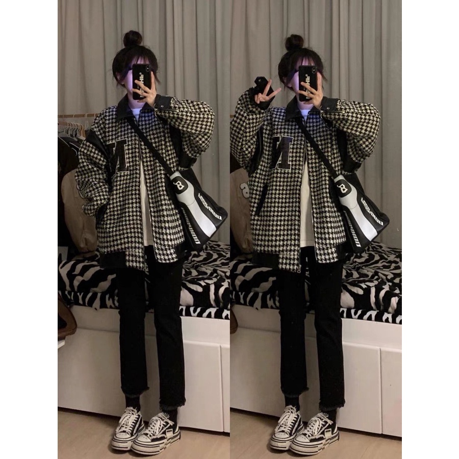 Áo khoác dạ tweed có cổ phối da form rộng unisex nam nữ phong cách hàn quốc trẻ trung năng động