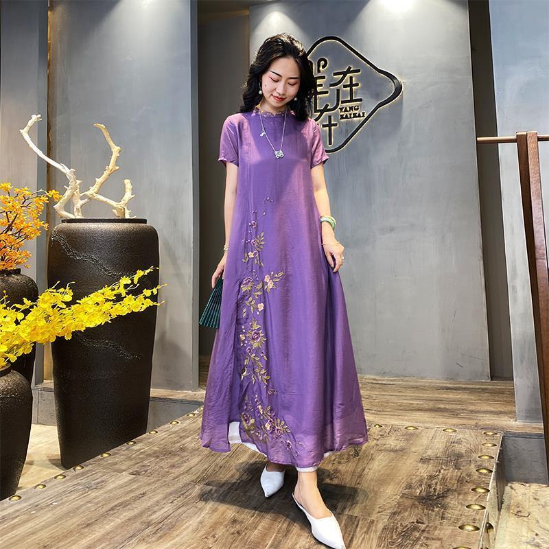 Đầm Cotton Tencel Ngắn Tay Cổ Đứng Cài Nút Thêu Họa Tiết Dân Tộc Phong Cách Dân Tộc 2021 Tencel