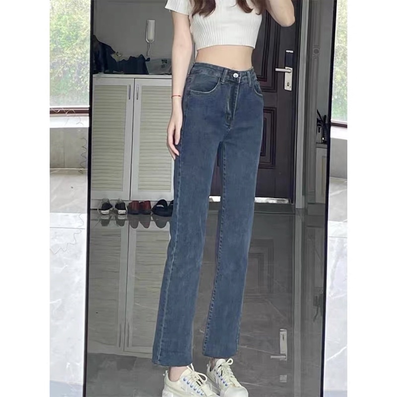 Quần ống đứng màu xanh gấu tua rua chất liệu jeans co giãn