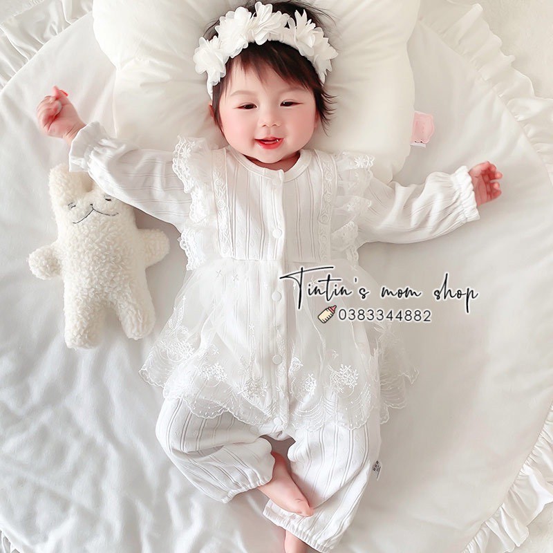 Set body tiểu thư cao cấp cotton voan mềm dành cho bé gái đầy tháng 0-3M (Kèm nơ hoa)