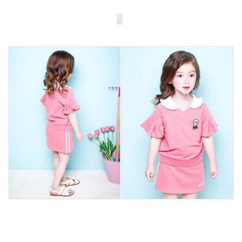 Bộ hè cotton cho bé gái màu hồng viền trắng xuất Hàn