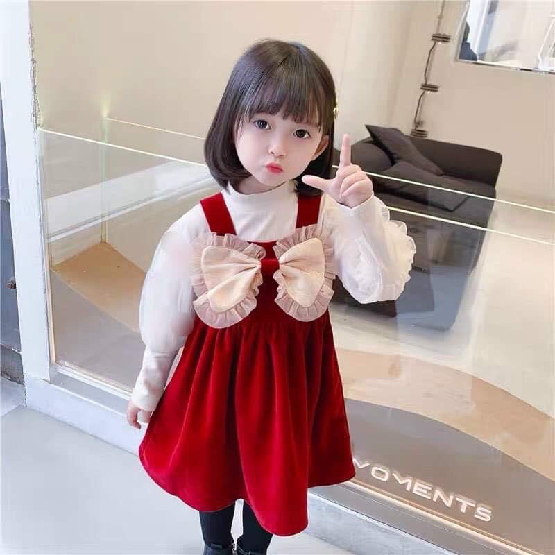 Set váy yếm nơ đỏ cho bé gái