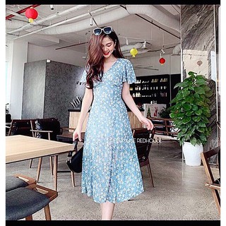 Váy đầm nữ dáng suông cổ V xẻ tà họa tiết hoa nhí chất lụa mềm mịn thoải mái khi mặc