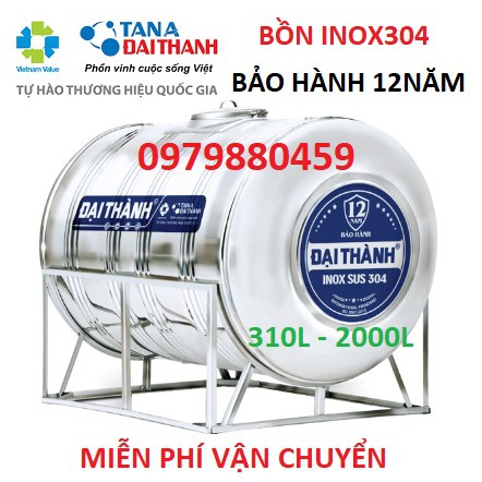 Bồn nước nằm cao cấp inox304 Đại Thành 310L-2000L , Bảo hành chính hãng 10 năm