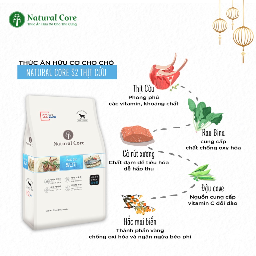 THỨC ĂN HỮU CƠ NATURAL CORE S2 ĐA ĐẠM vị thịt cừu và cá rút xương cho chó