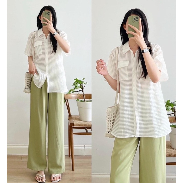 Áo sơ mi form rộng, Áo sơ mi cộc tay trendy chất xốp phong cách Hàn Quốc Viestudio