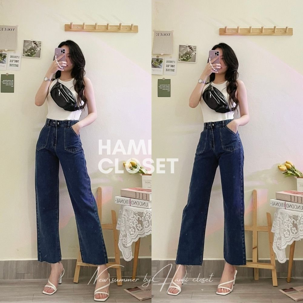 Quần jeans ống suông dáng culottes hai túi form dài mã 1602