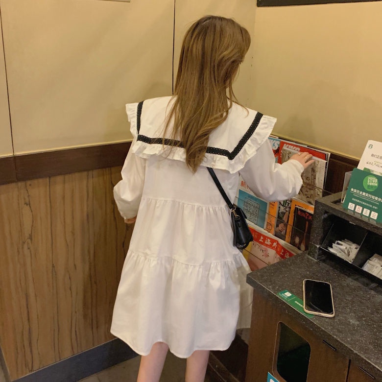 Đầm babydoll tay dài lưng cao phối màu sắc phong cách Hàn Quốc