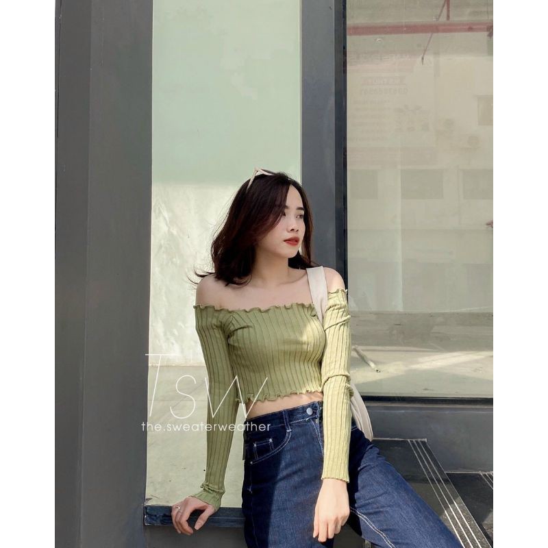 Áo len trễ vai bèo croptop hàng QC