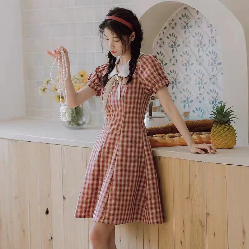 Váy Kẻ Caro Thắt Nơ Cổ, Đầm Caro Đỏ Tay Phồng Chất Vải Co Giãn