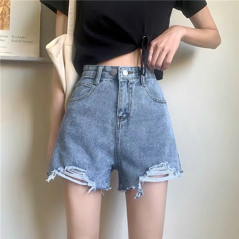 Quần jean♀۩✟Quần short denim nữ lưng cao cạp phiên bản hàn quốc ống rộng siêu hot mới ra mắt