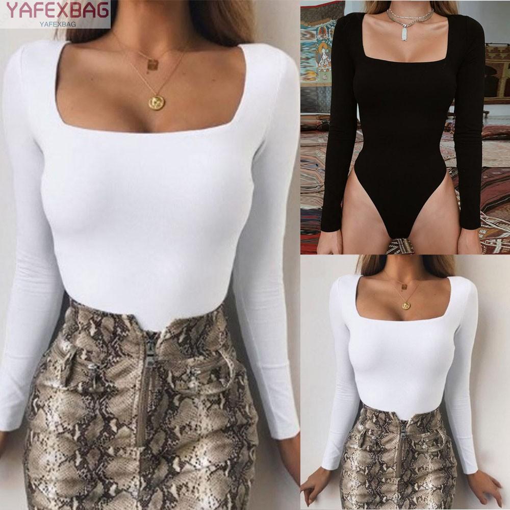 Top Long Sleeve Plain Romper Solid Color Stretch White/Black Women Bodycon
