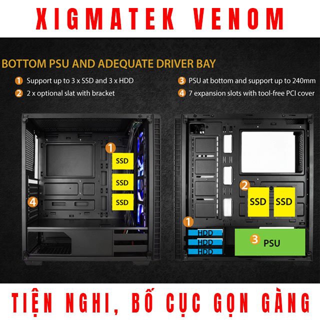 Vỏ case Xigmatek Venom - Kèm 4 fan Led 5 màu, E-ATX, 2 mặt kính cường lực - ATcomputer