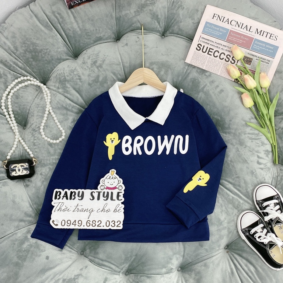 Áo thu đông bé trai, bé gái &quot;BROWN&quot; 14-45kg, Áo nỉ sweater ấm áp cho bé 4-15 tuổi. Vải da cá dày dặn. Hàng may kỹ. G48